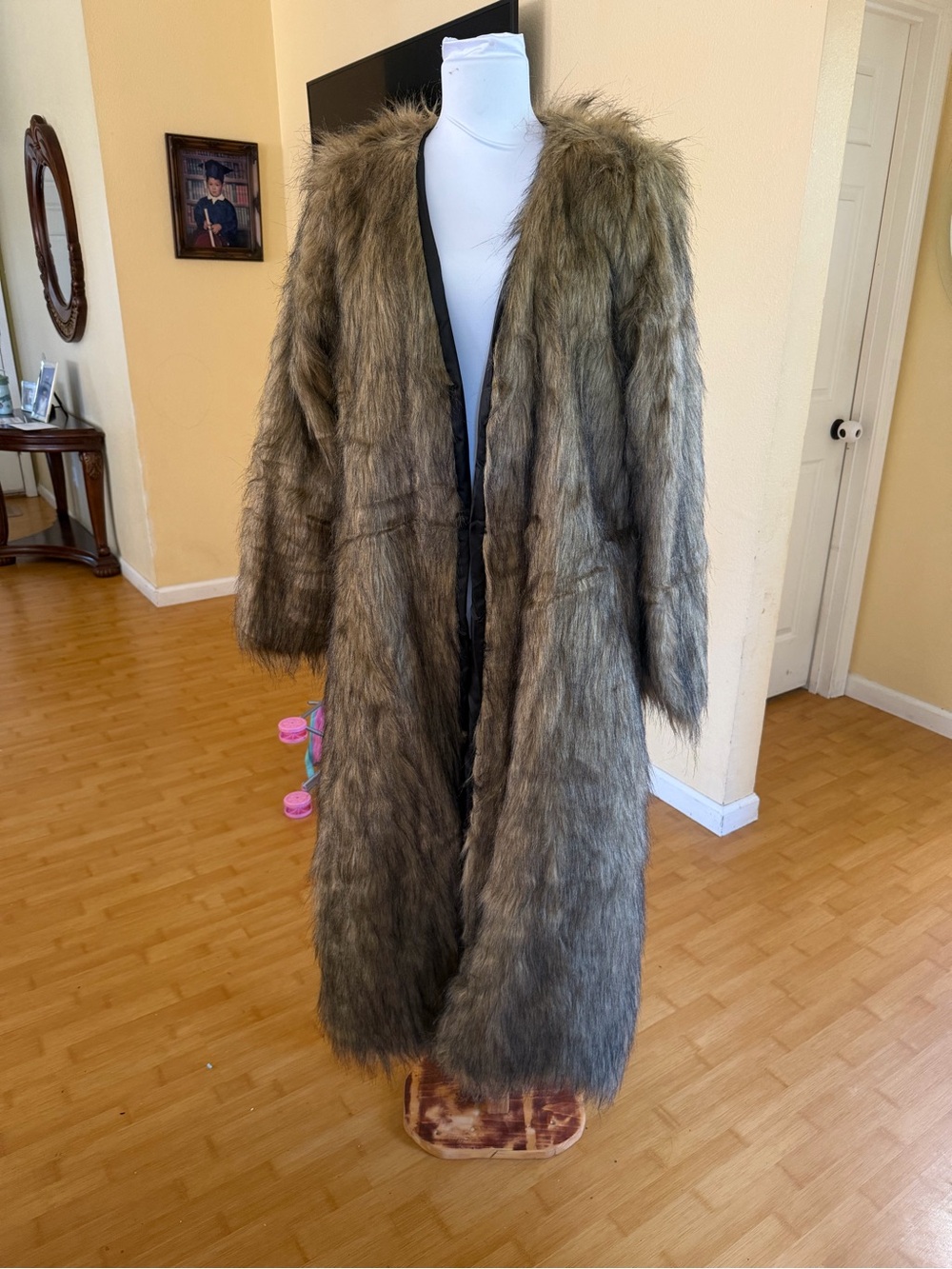 Long Faux Fur Coat in Olive Brown